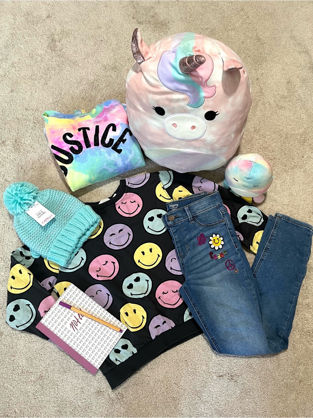 Girly Bundle 8-10 Unicorn Squishmallow Justice Sweater Mittens Pom Pom Hat